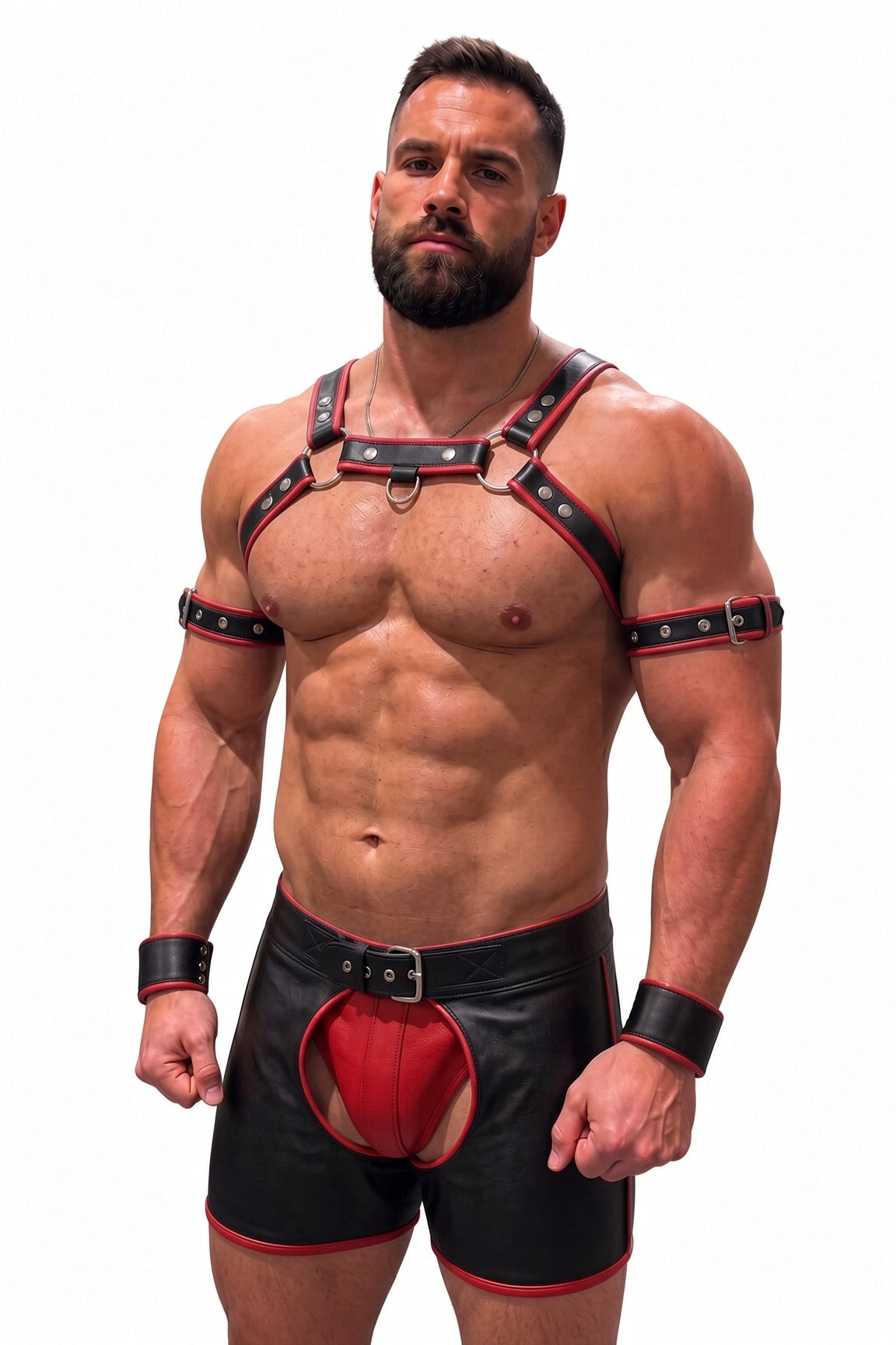 Joy-lgbt Men’s Black Red Faux Leather Harness Shorts Set