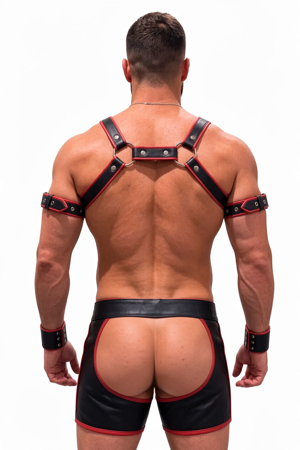 Joy-lgbt Men’s Black Red Faux Leather Harness Shorts Set