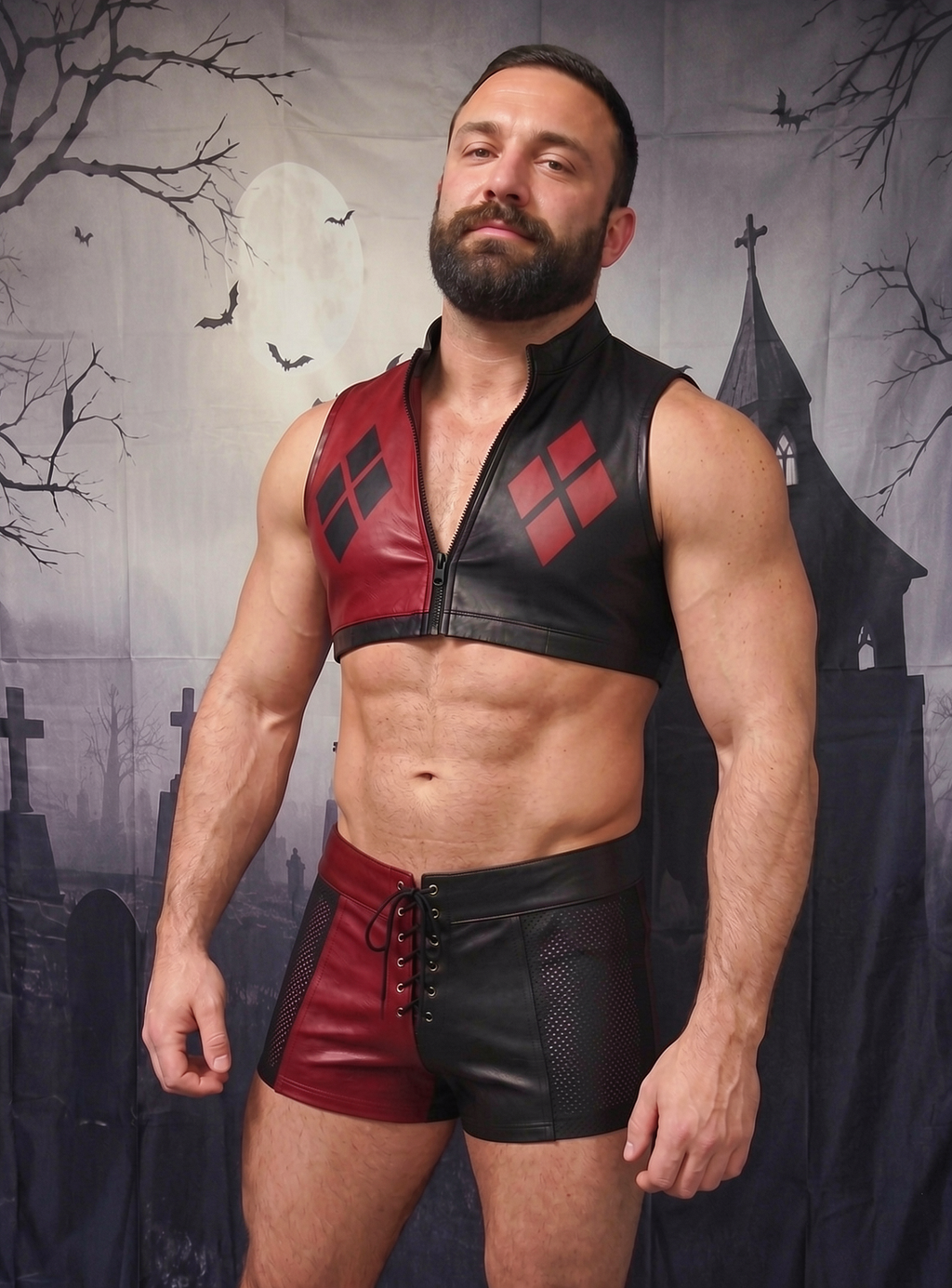 Joy-lgbt Men’s Red Black Faux Leather Cropped Vest & Shorts Set