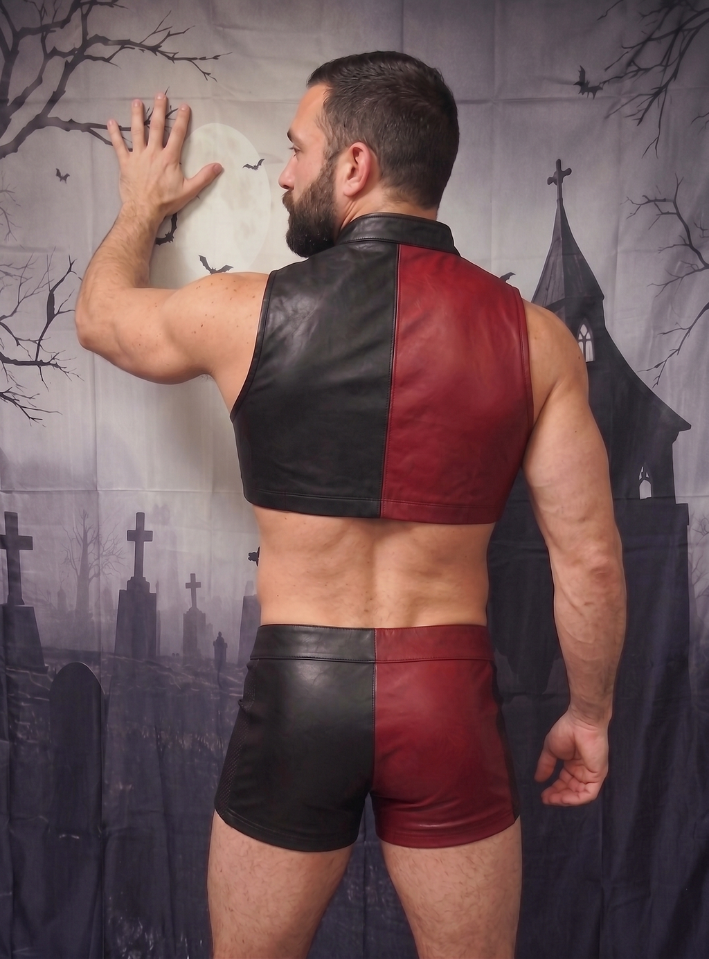Joy-lgbt Men’s Red Black Faux Leather Cropped Vest & Shorts Set