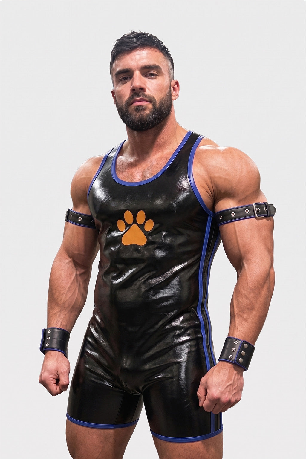 Joy-lgbt Men’s Black Blue Glossy Paw Print Bodysuit Shorts