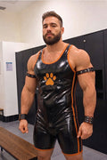 Joy-lgbt Men’s Black Orange Glossy Paw Print Bodysuit Shorts