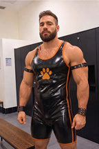 Joy-lgbt Men’s Black Orange Glossy Paw Print Bodysuit Shorts