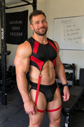 Joy-lgbt Men’s Red Black Suspender Accent Crop Top and Brief Set