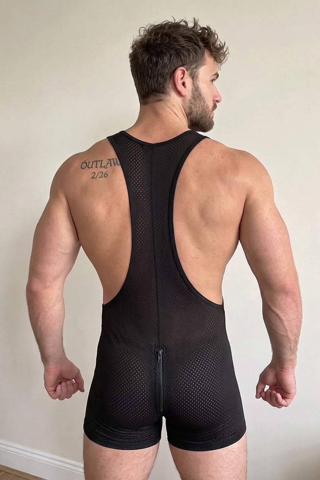 Joy-lgbt Men’s Black Mesh Deep U-Neck Zip-Front Romper Shorts