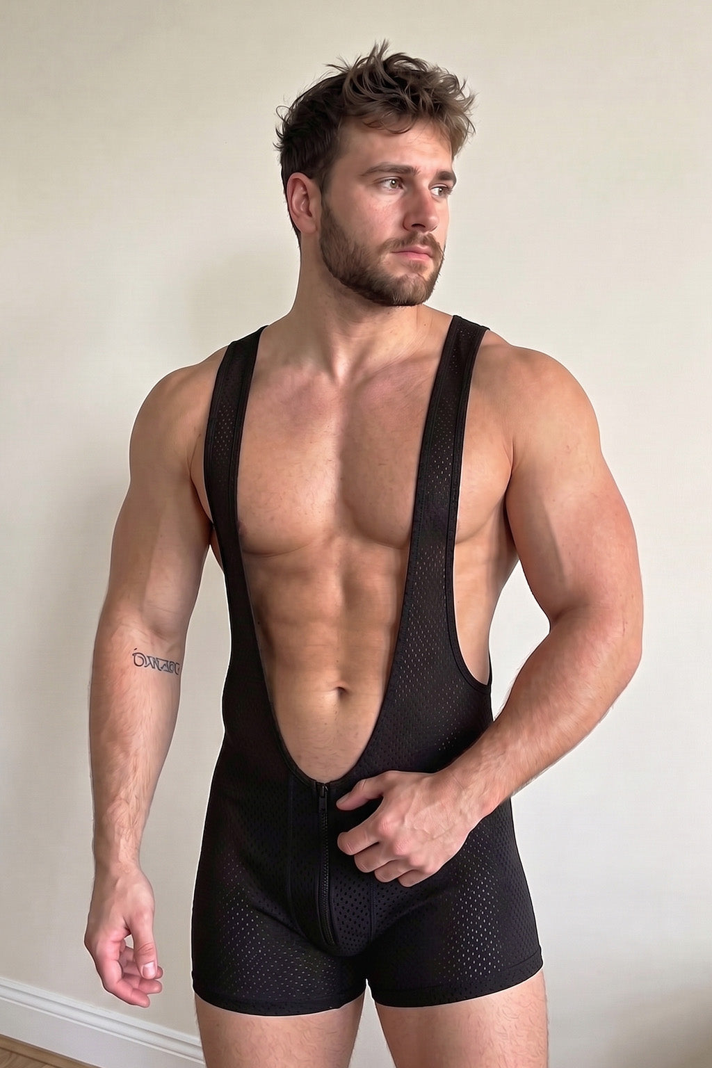 Joy-lgbt Men’s Black Mesh Deep U-Neck Zip-Front Romper Shorts