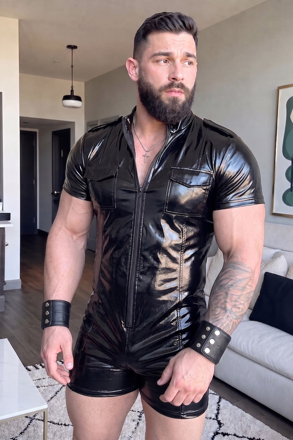 Joy-lgbt Men’s Black Glossy Short-Sleeve Zip-Front Romper Shorts
