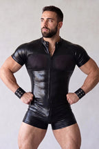 Joy-lgbt Men’s Black Mesh Panel Short-Sleeve Fitted Romper Shorts