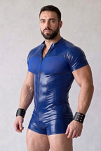 Joyglove Men’s Blue Mesh Panel Short-Sleeve Fitted Romper Shorts