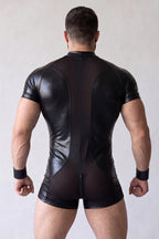 Joy-lgbt Men’s Black Mesh Panel Short-Sleeve Fitted Romper Shorts