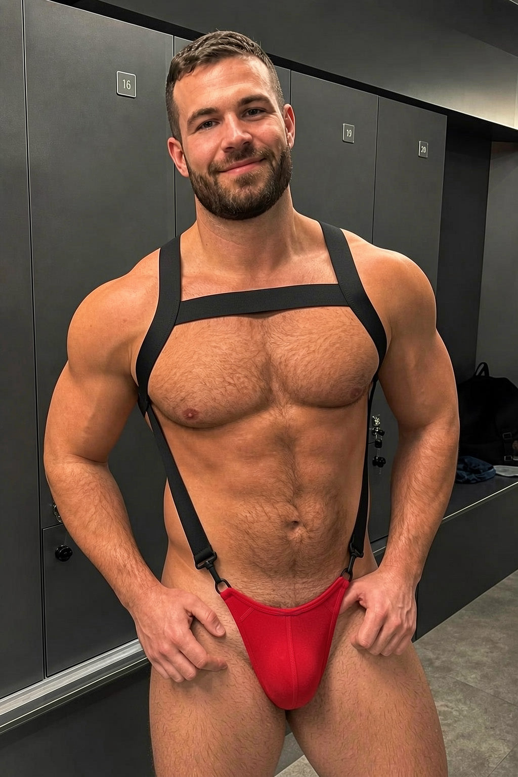 Joy-lgbt Men’s Black Minimal Harness Red Brief Set