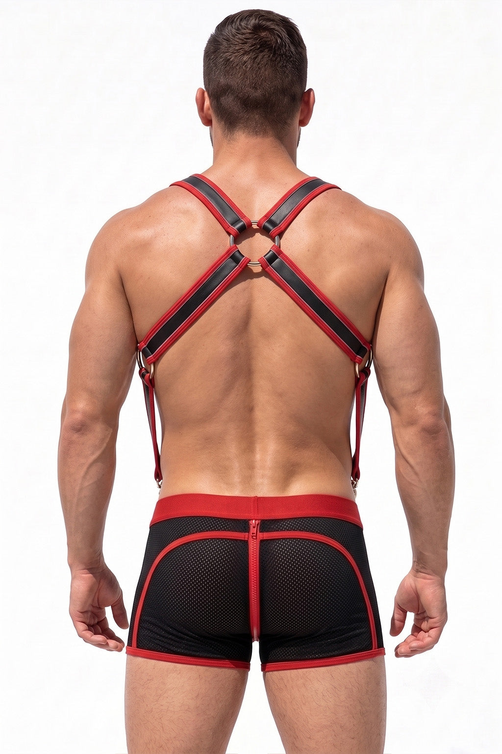 Joy-lgbt Men’s Red Black Harness Mesh Shorts Set