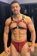 Joyglove Two-Tone PU Leather O-Ring Chest Harness + Zip Brief Set, Red & Black