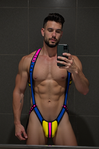 Joylgbt‘s Neon Tri-Color Sling Harness Leotard | High-Cut PVC Festival Suit	