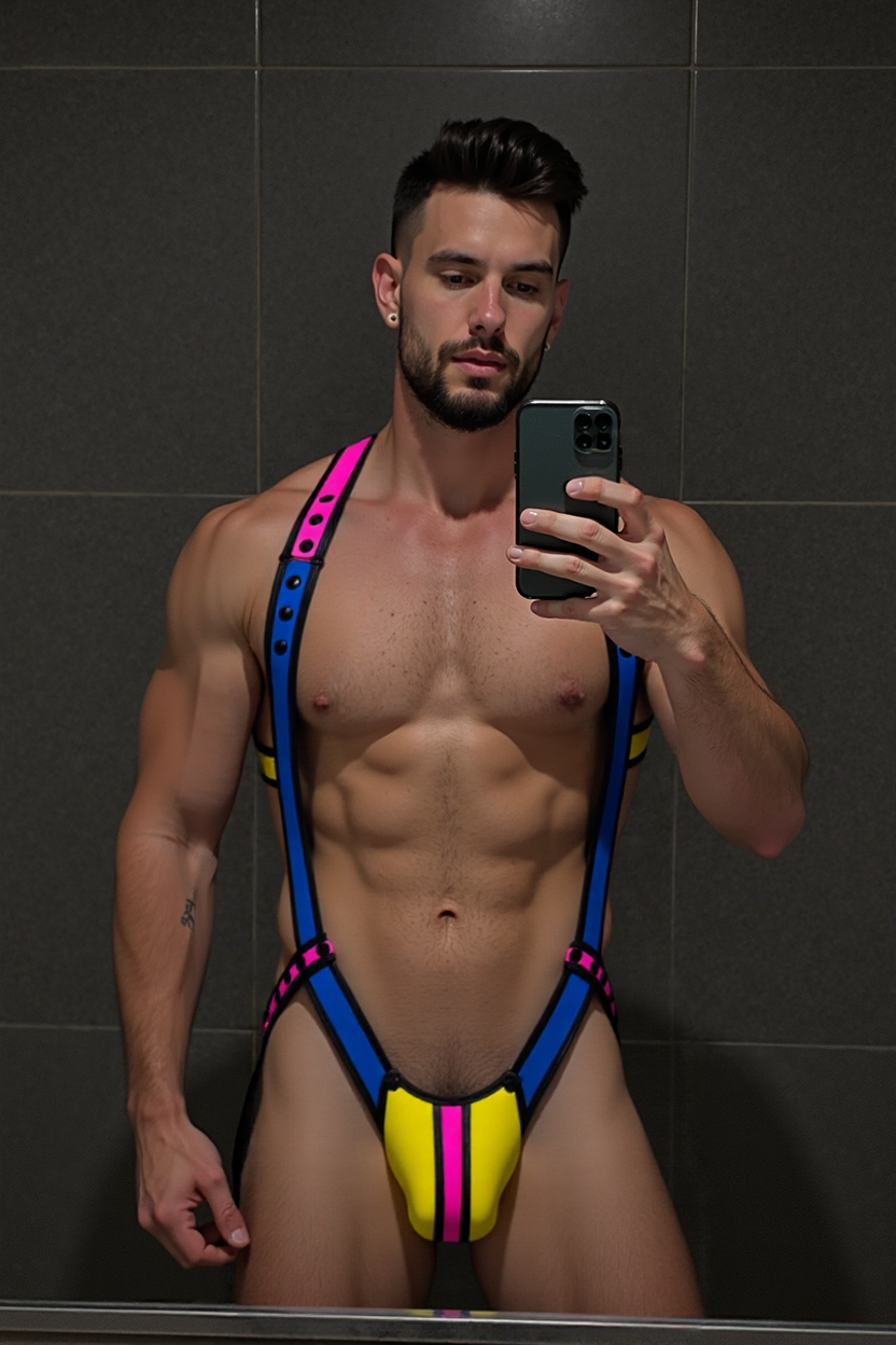 Joylgbt‘s Neon Tri-Color Sling Harness Leotard | High-Cut PVC Festival Suit	
