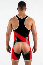 Joyglove Black & Blue PU Leather Singlet — Racerback, Open-Butt Backless Cut