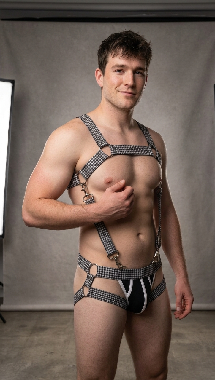 Men's Houndstooth Plaid Chest Harness & Jockstrap Set - Vintage Check Body Cage with Metal D-Rings