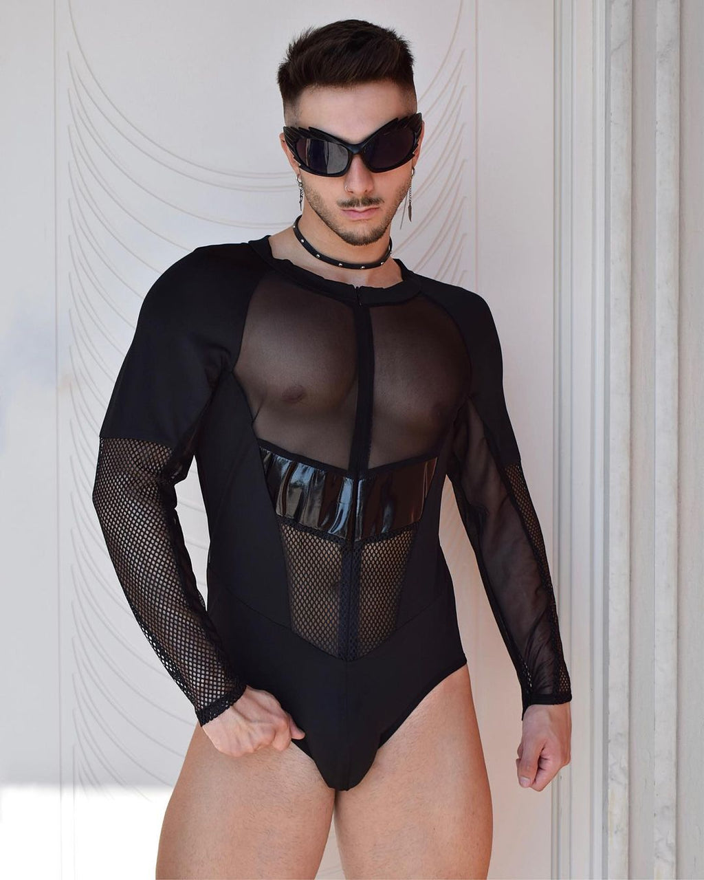 Men's Mesh Patchwork Bodysuit – Sleek and Edgy