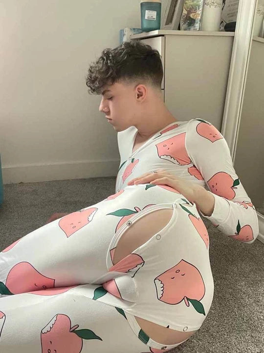 Peach Print Button Flap One-Piece Pajamas
