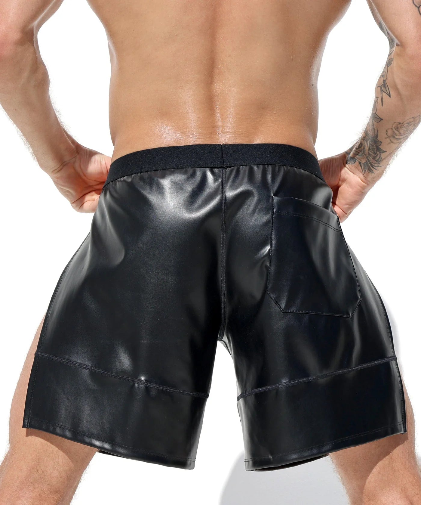Joyglove Sleek Black PU Leather Side-Slit Shorts