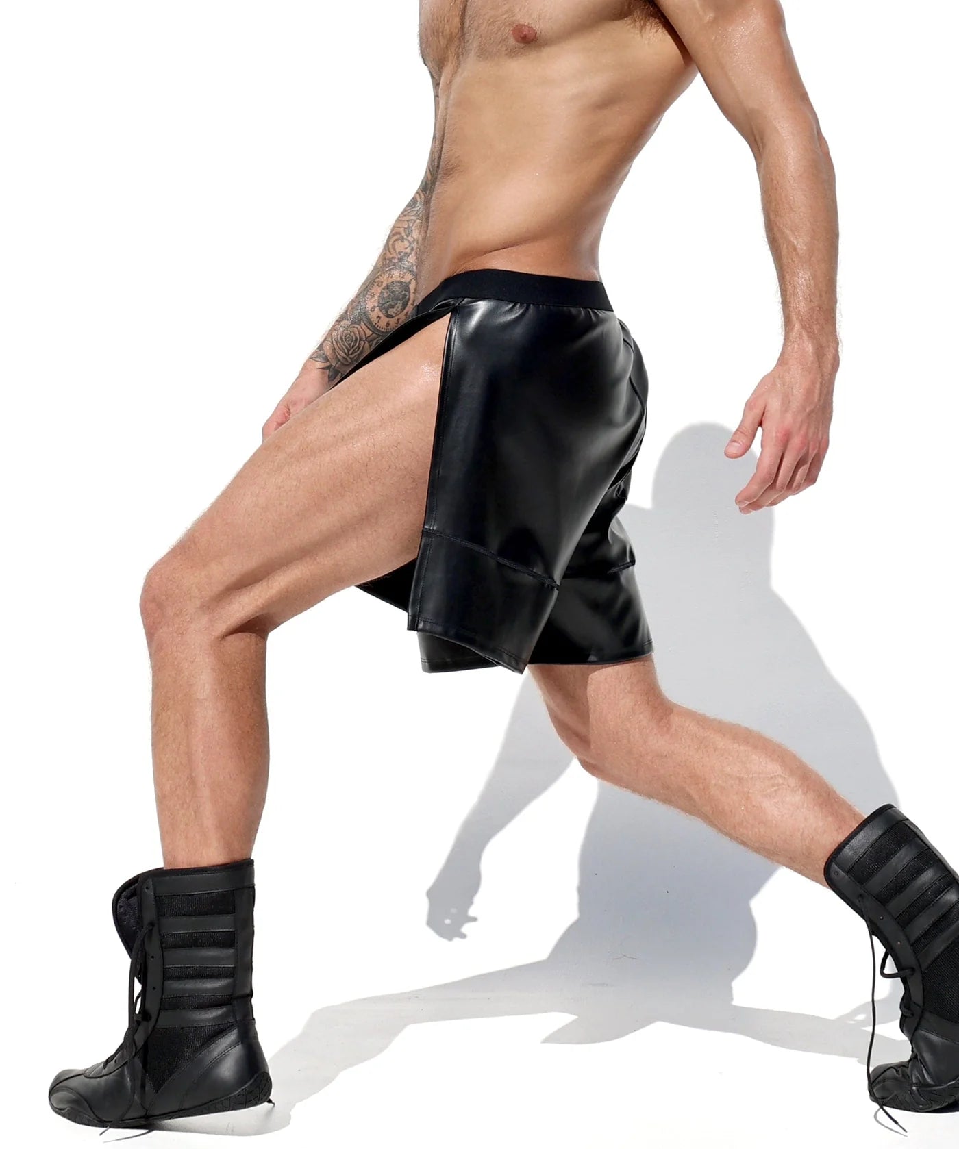 Joyglove Sleek Black PU Leather Side-Slit Shorts