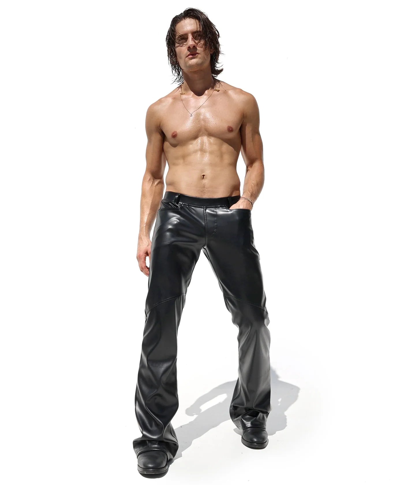 Joyglove Black PU Leather High-Waisted Flared Pants