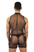 Men's Sleeveless Black Romper with Zipper and See-Through Mandarin Collar Design