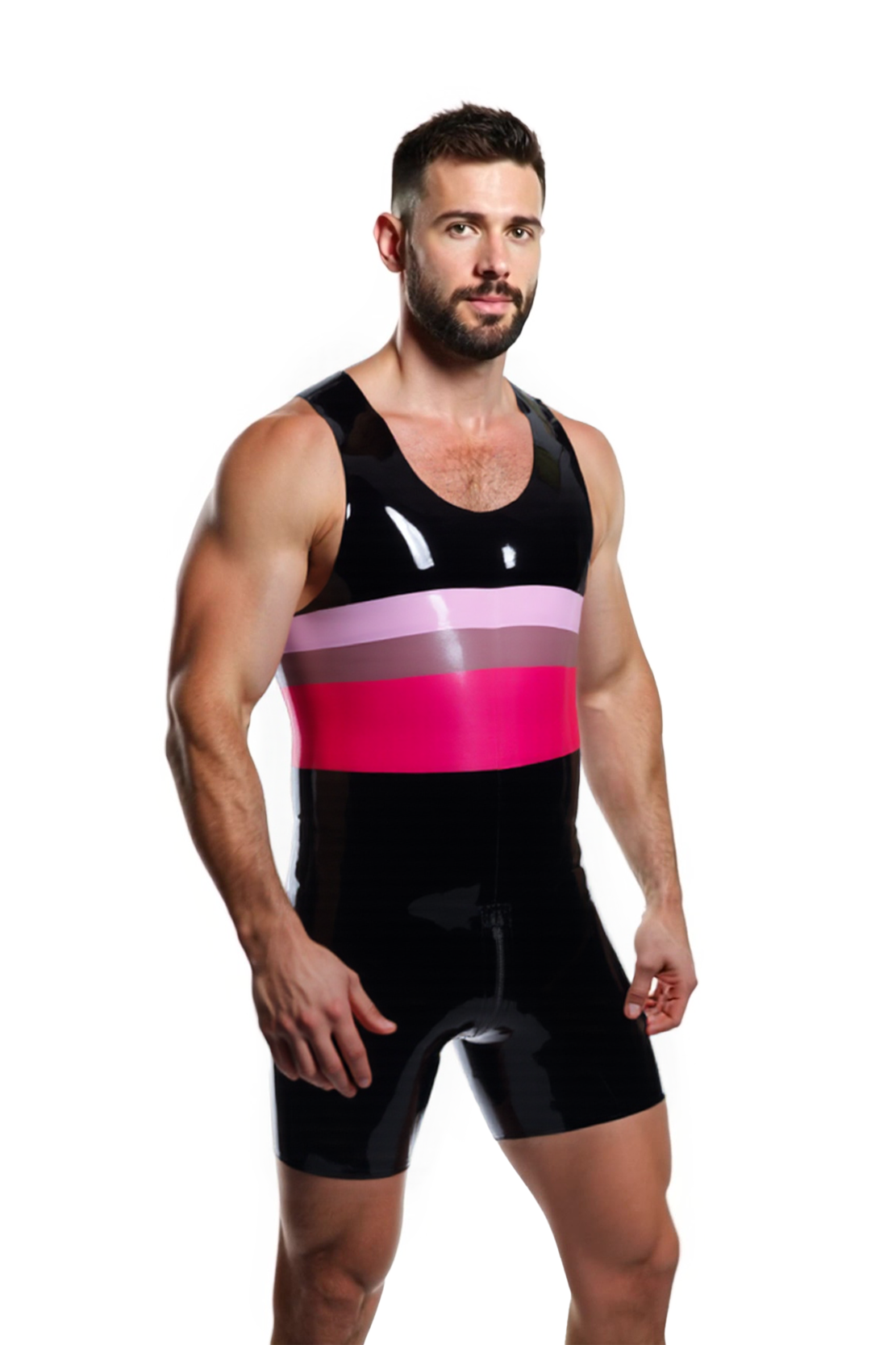 Joyglove Men’s Glossy PU Leather Bodysuit – Black Sleeveless Jumpsuit with Bold Contrast Stripes