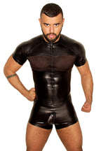 Joyglove Men’s Faux Leather Bodysuit with Mesh Panels