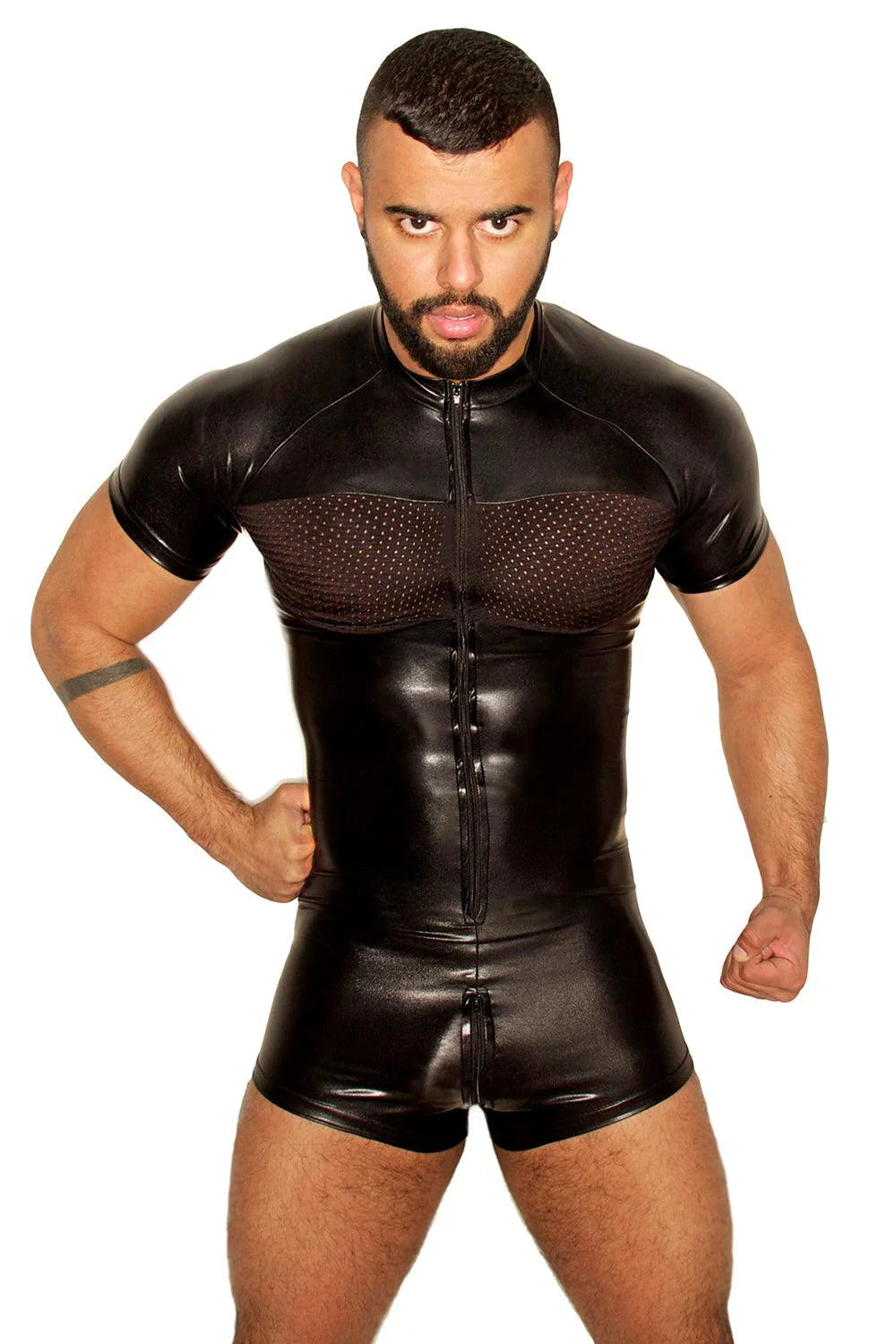 Joyglove Men’s Faux Leather Bodysuit with Mesh Panels