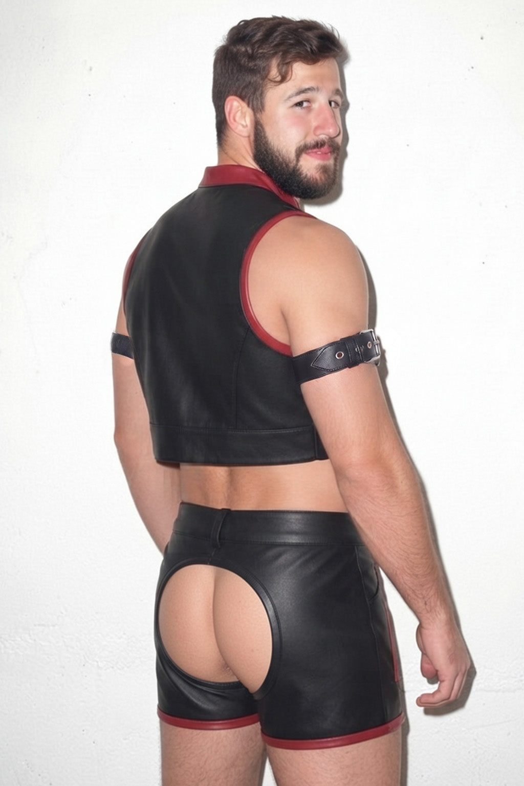 Joyglove Black & Red PU Leather Vest Set, Open-Front Crop Vest + Cutout Shorts
