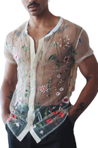 Men's Sheer Floral Embroidery Short Sleeve Shirt	