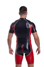 Joyglove Black and Red PU Leather Wrestling Suit - Glossy Finish with Zipper Design