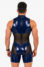 Joyglove Men’s Blue Black High-Neck Mesh Bodysuit Shorts