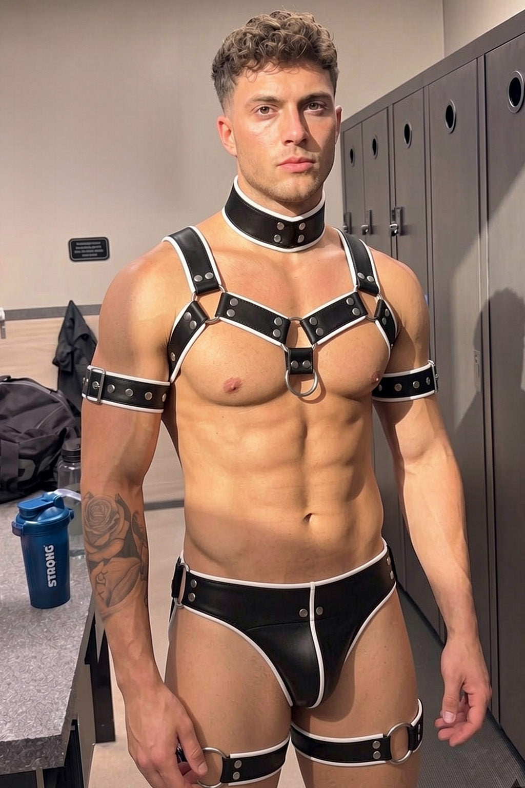 Joyglove Black PU Leather Bondage Harness Outfit — Contrast Trim, Metal Rings & Garters