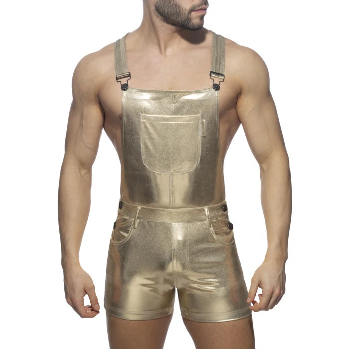 Joyglove Metallic Short Overalls – Shimmering Silver One-Piece with Adjustable Straps