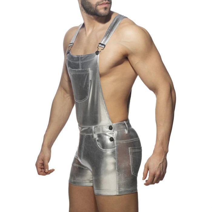 Joyglove Metallic Short Overalls – Shimmering Silver One-Piece with Adjustable Straps