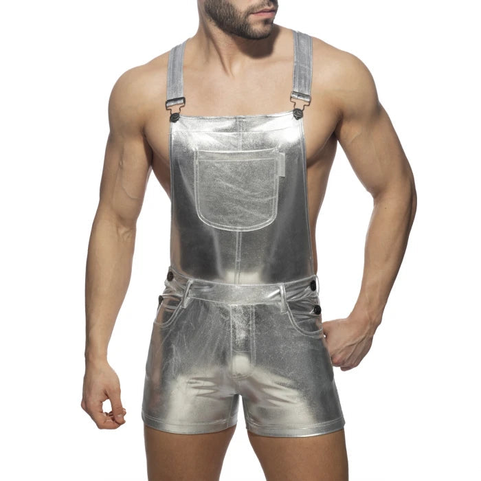 Joyglove Metallic Short Overalls – Shimmering Silver One-Piece with Adjustable Straps