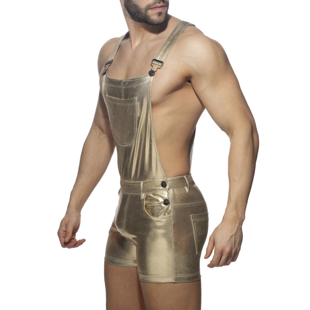 Joyglove Metallic Short Overalls – Shimmering Silver One-Piece with Adjustable Straps