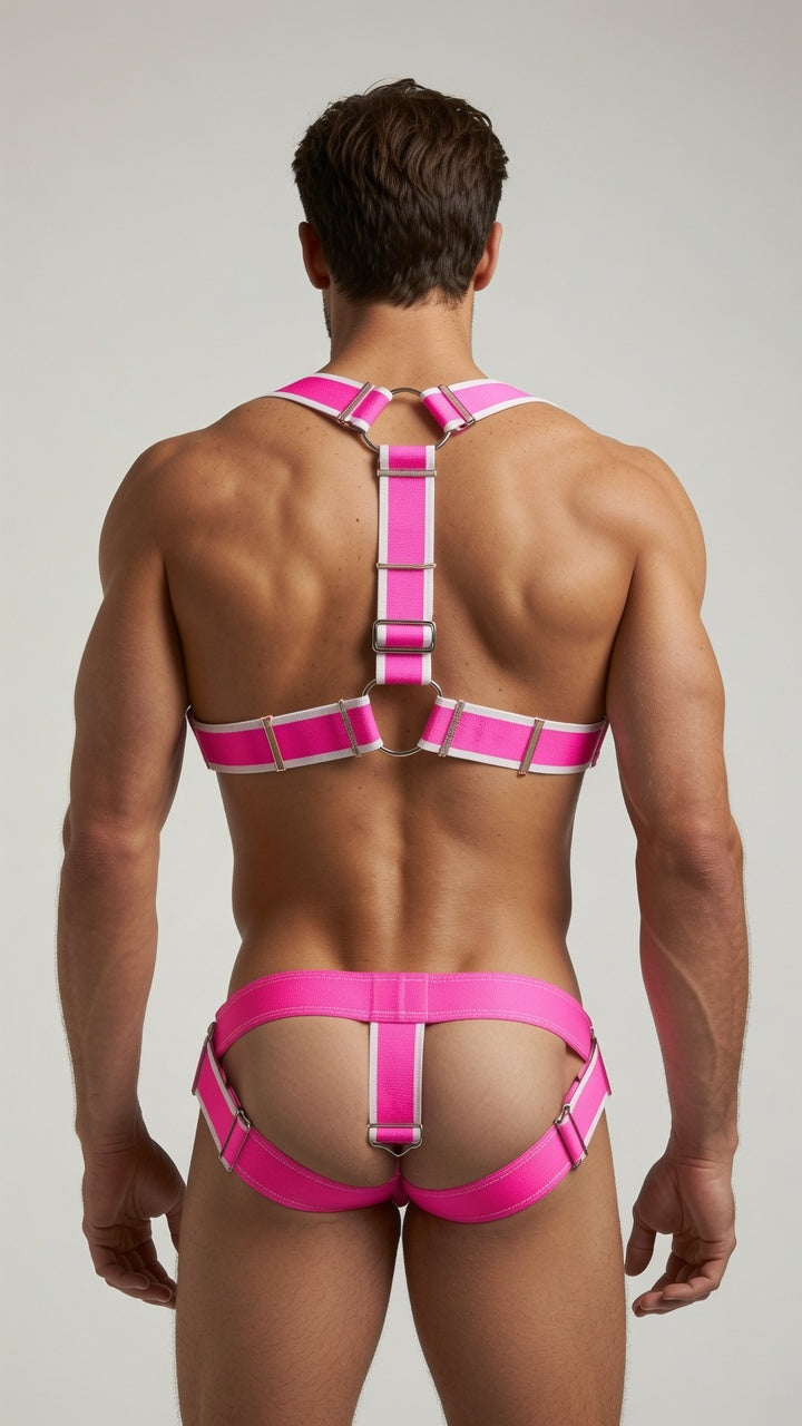 Joyglove Hot Pink Elastic Harness & Jockstrap Set with Adjustable Hardware