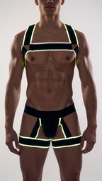 Joyglove Black Harness & Jockstrap Set with Neon Glow Trim and Thigh Straps
