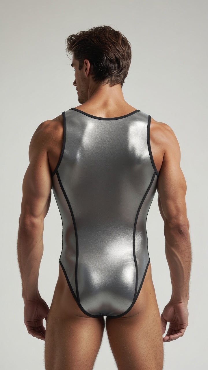 Joyglove Metallic Silver Shiny Bodysuit for Men, Sleek Second-Skin Fit