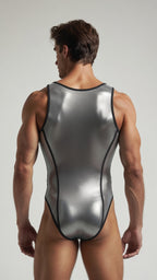 Joyglove Metallic Silver Shiny Bodysuit for Men, Sleek Second-Skin Fit