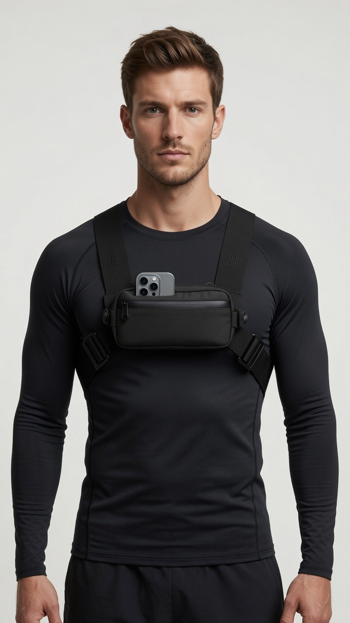 Joyglove Black Chest Bag Harness with Front Zipper Phone Pocket