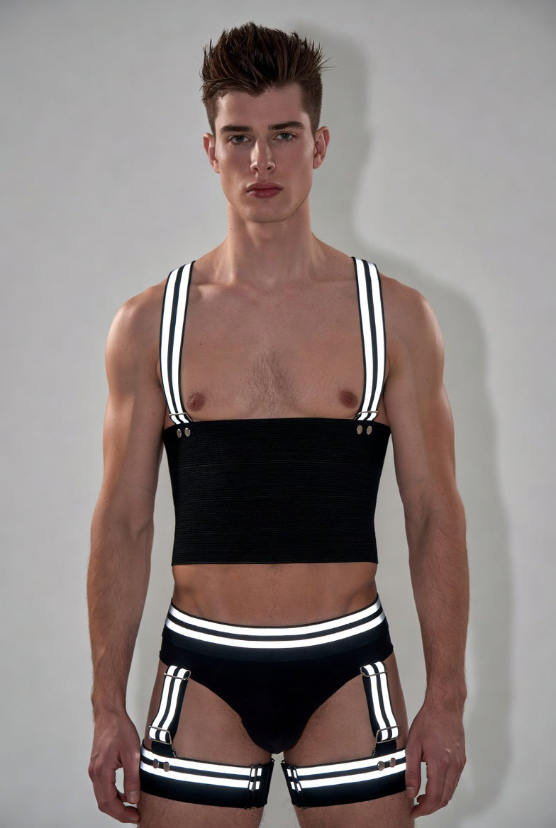 Joyglove Black Reflective Strap Harness Set with Crop Top, Briefs & Thigh Garters