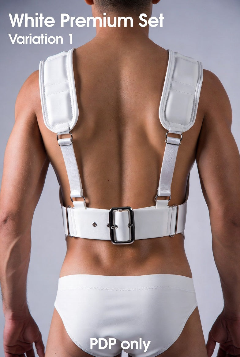 Joyglove White Premium PU Leather Harness Set with Padded Shoulder Straps & Briefs