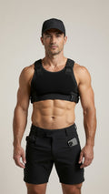 Joyglove Black Tactical Harness Crop Vest + Utility Shorts Set for Men