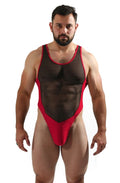Colorblock See-Through Mesh Patchwork Racer Back Stretchy Thong Bodysuit