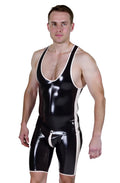 Joyglove Men's PU Leather Wrestling-Style Bodysuit – Deep U Front with White Trim
