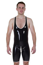 Joyglove Men's PU Leather Wrestling-Style Bodysuit – Deep U Front with White Trim